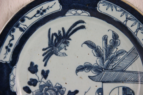 Antique DELFT blue white pottery 18thc plate birds decor rare