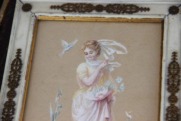 Gorgeous antique 19thc Napoleon III Drawing coloured Lady with birds Gorgeous