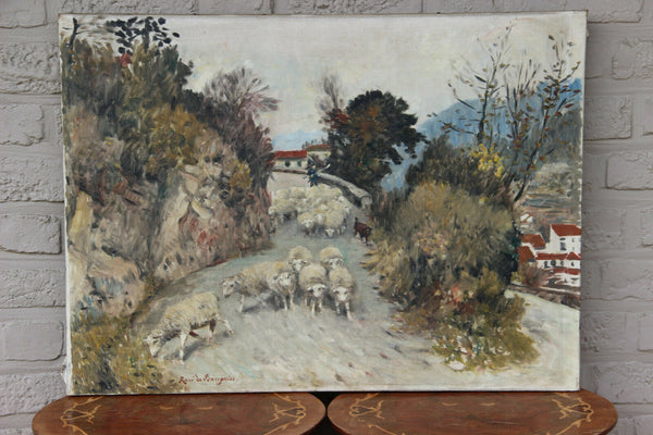 Belgian School 1930s rene De Baugnies signed landscape sheep painting canvas