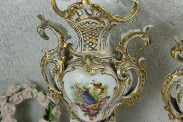 Antique XL 19thc French Vieux paris porcelain music Floral Vases