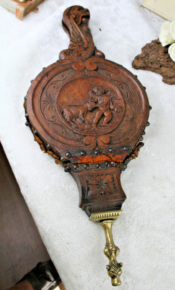 1880 UNUSUAL wood carved victorian putti fireplace blower  gothic freak bellows