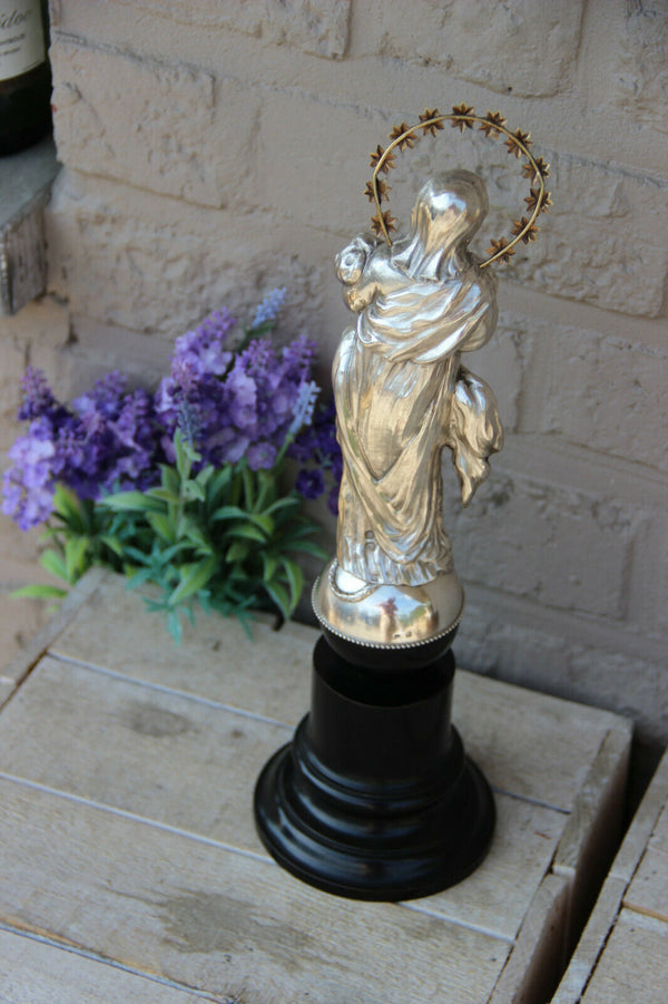 Antique Religious Silver MAdonna Statue figurine on wood base rare