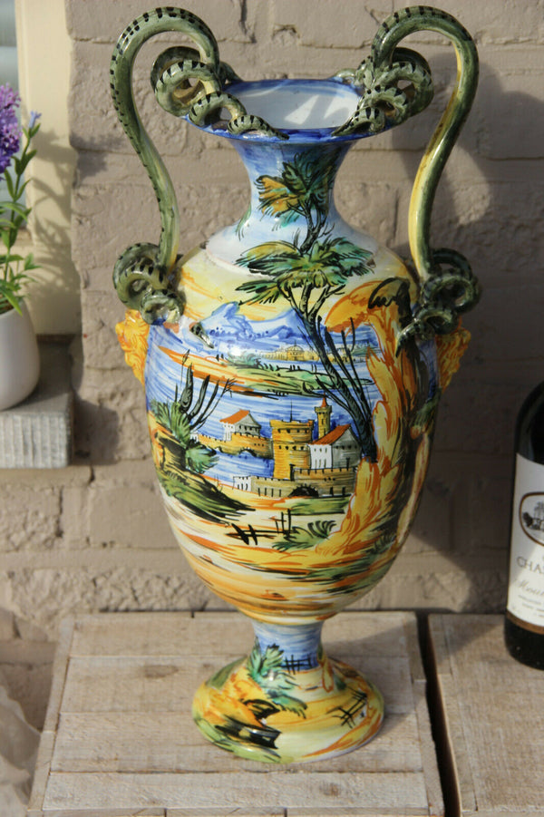 LARGE antique Italian majolica Satyr heads snakes handles hand paint vase