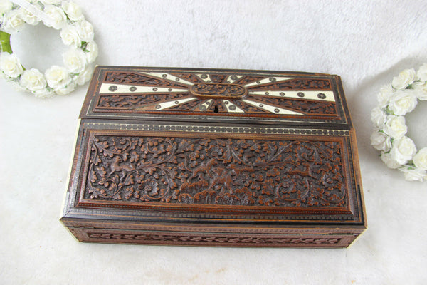Rare Antique German hunting theme birds dogs Writing box set inlaid wood carved