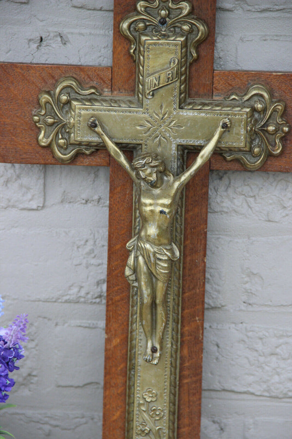 LARGE french antique Brass Wood Christ crucifix cross religious