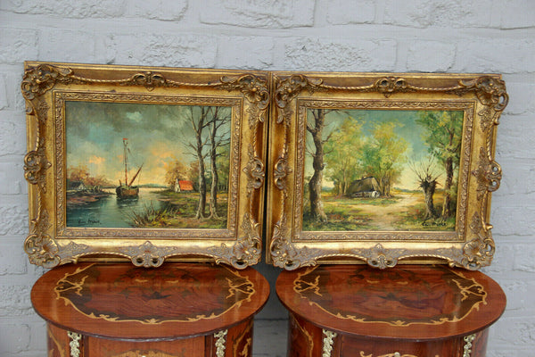 Pair flemish oil cardboard landscape maritime boat scene painting signed