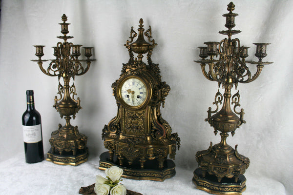 XXL Antique Brussels Clock mantel set candelabras caryatids Bronze Luppens marke