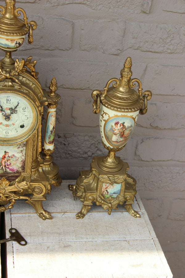 French Porcelain Clock set urns vases victorian romantic scenes