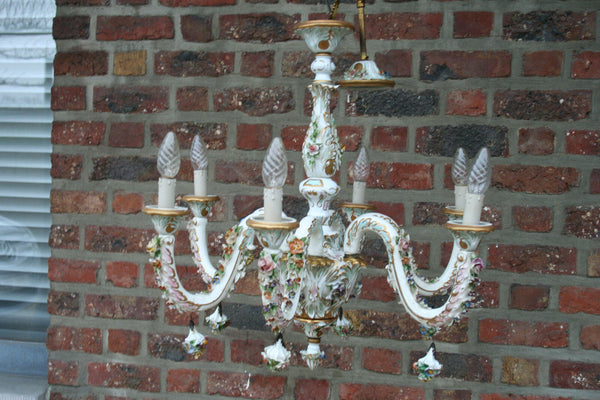 A capodimonte marked porcelain 1950 majolica Flowers Chandelier 6 arms