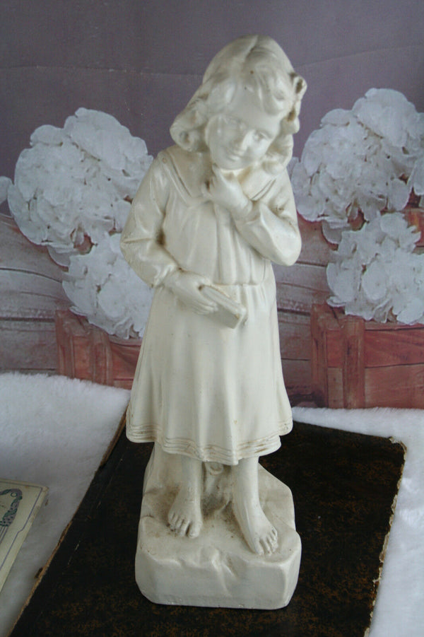 Cute Antique French chalkware girl figurine marked statue