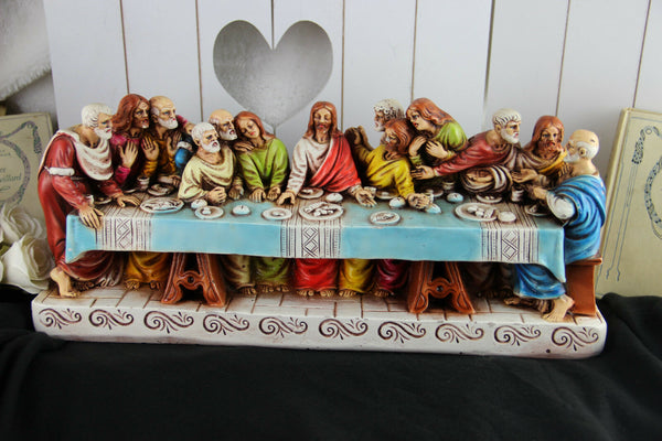 XL French Chalkware Polychrome LAST supper Jesus religious statue sculpture 1900