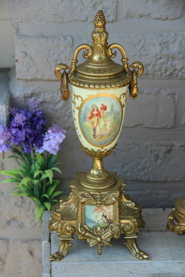 French Porcelain Clock set urns vases victorian romantic scenes