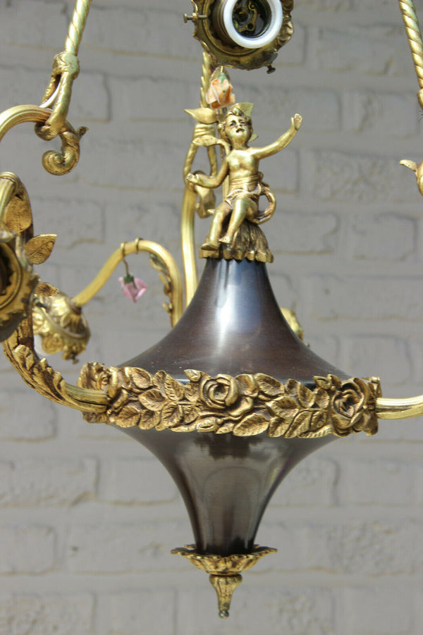 French bronze porcelain flowers putti 7 arms chandelier empire