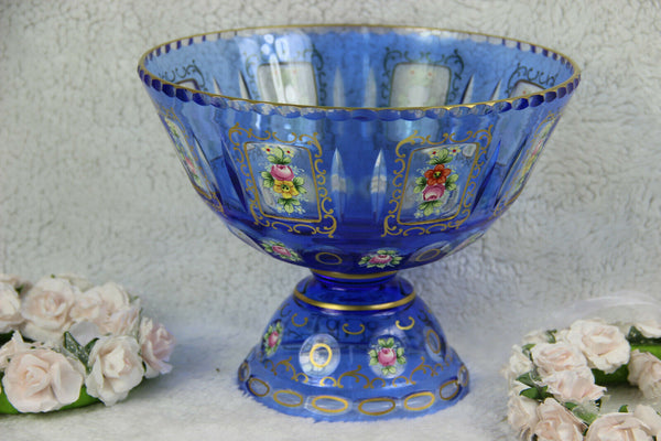 Antique Bohemian Moser enamel blue glass coupe centerpiece bowl flowers