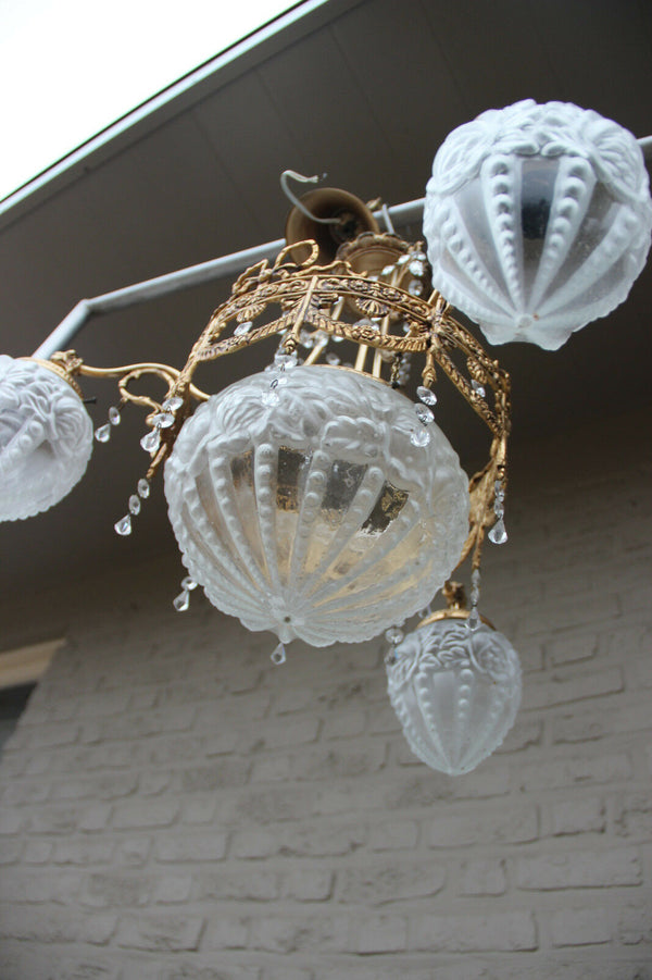 French Chandelier brass glass gothic dragon arms louis XVI decor  1960 n1