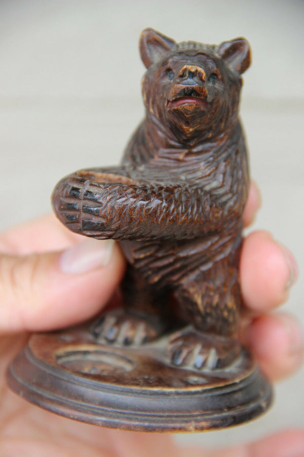 Antique hand Black forest wood carved swiss bear statue glass figurine