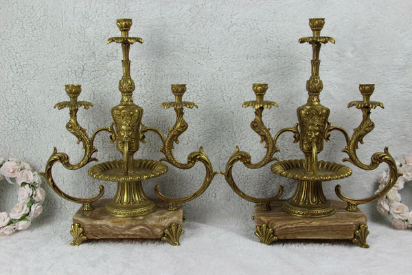 PAIR French empire bronze marble lion swan animal  candle holders candlestick
