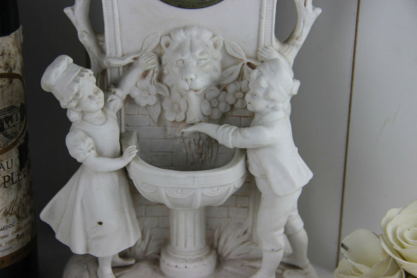 German Bisque porcelain Group fountain lion clock marked group
