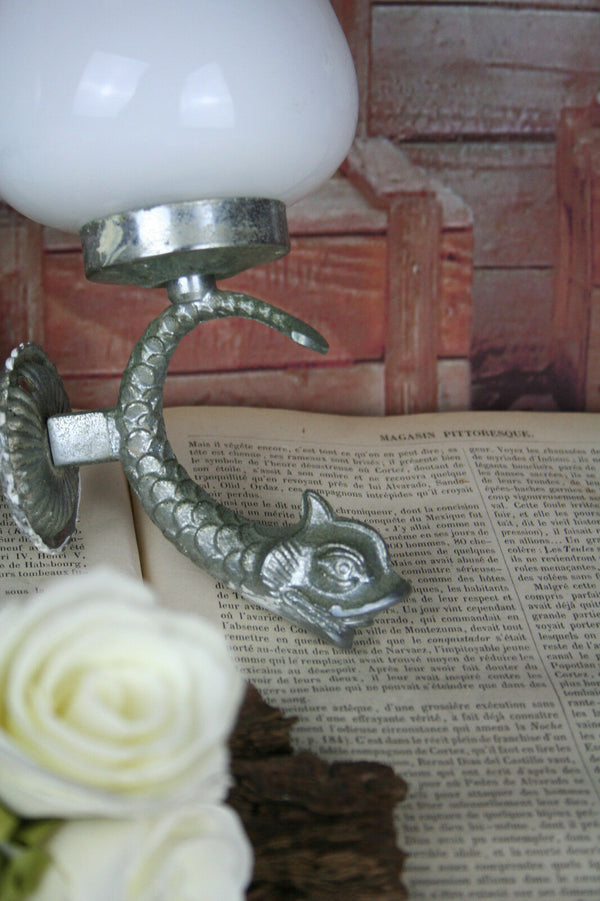 PAIR French empire fish dolphin wall lights sconces silver patina