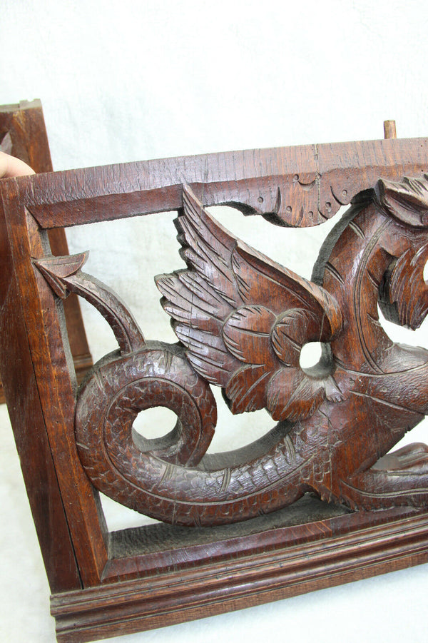 PAIR large gothic dragon Griffin wood carved statue figurines hunting cabinet