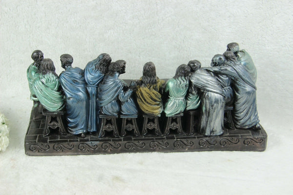 Antique large French chalkware polychrome last supper statue religious