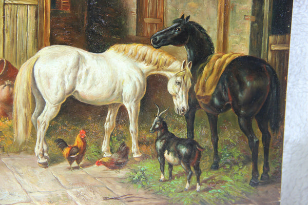 Flemish oil On panel painting farm stable scene horse chicken ducks animals 1960