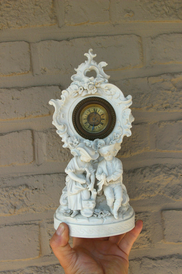 Antique German bisque porcelain romantic mantel clock