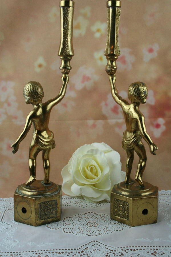 Pair Antique French brass angels Putti angel sidetable paws