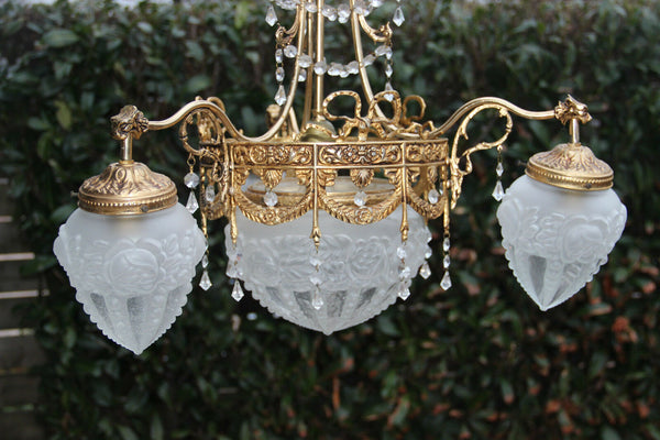 French Chandelier brass glass gothic dragon arms louis XVI decor  1960 n1