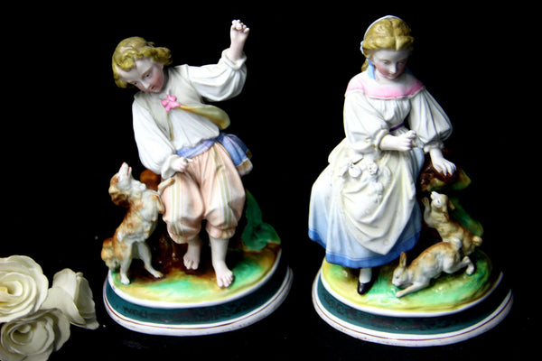 PAIR vieux andenne porcelain pique fleur statue figurines dog rabbits vase