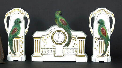 ART DECO 1930 Belgian Faience porcelain Parrot birds Vases clock set marked