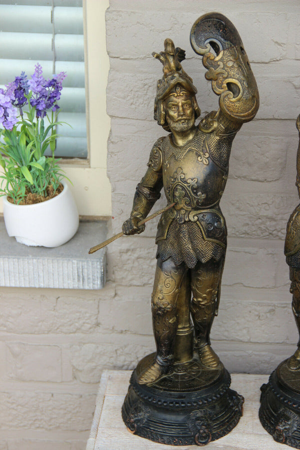 Antique PAIR French Terracotta Warrior knights lion heads statue figurines 1900