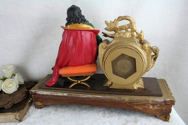 Vtg French spelter polychrome paint figurine clock wood rare unsual piece 1960's