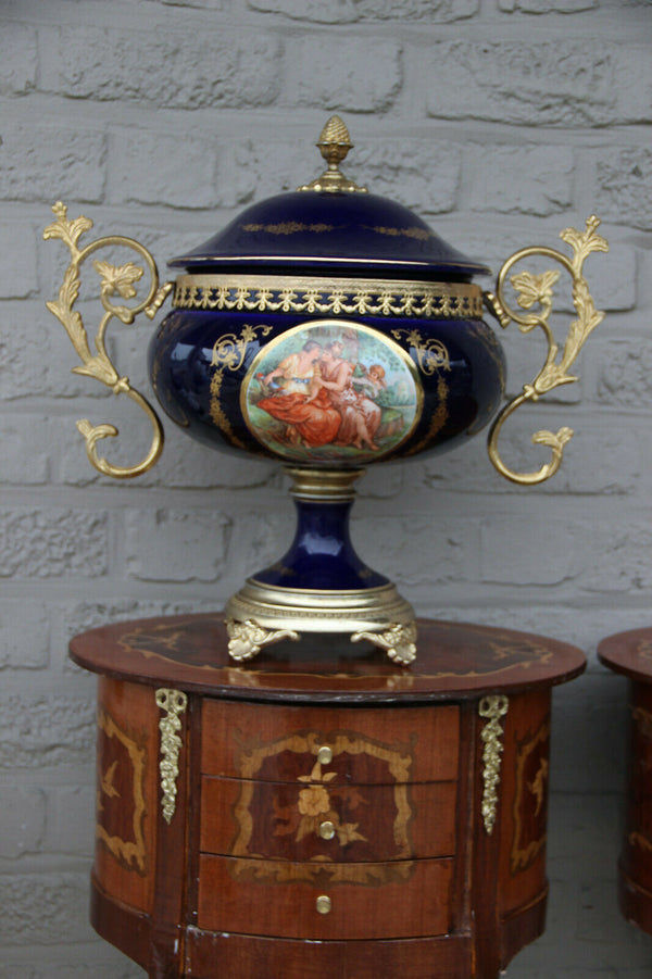 huge French cobalt blue porcelain centerpiece lidded bowl victorian scene