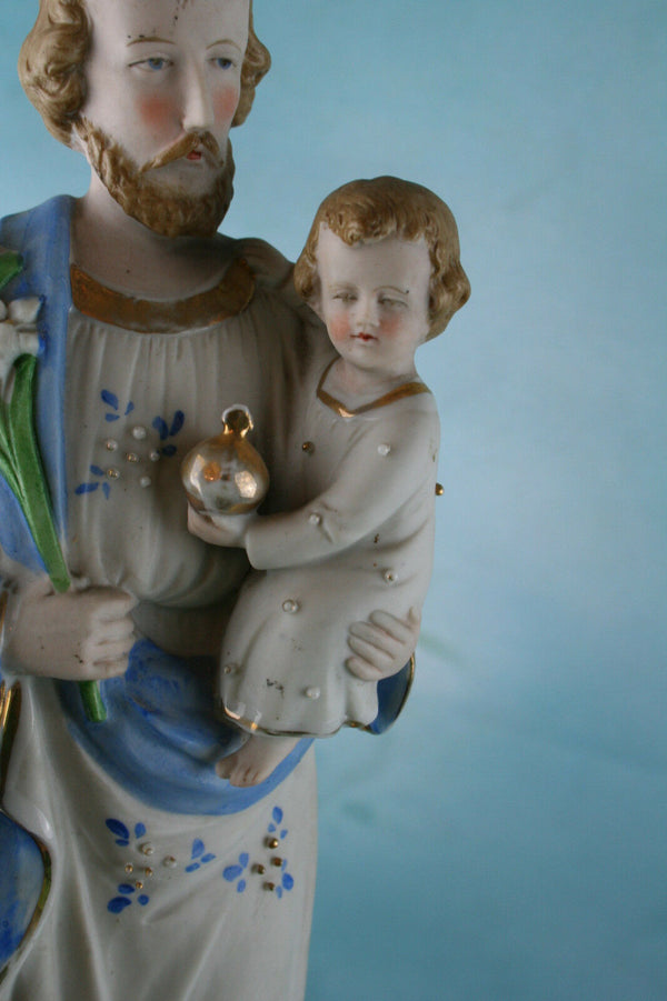 Large French Biscuit Holy Saint Joseph child Jesus  statue figurine pastel blue