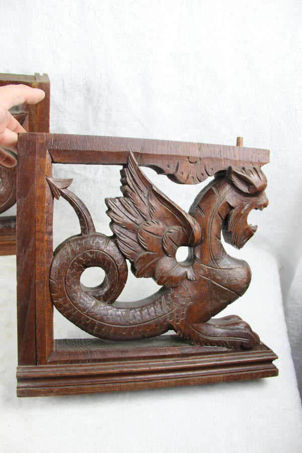 PAIR large gothic dragon Griffin wood carved statue figurines hunting cabinet