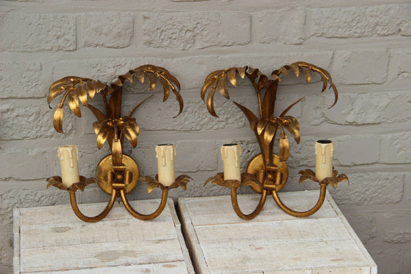 PAIR  1970 Palm tree metal gold gilt sconces wall lights attr Hans Kogl