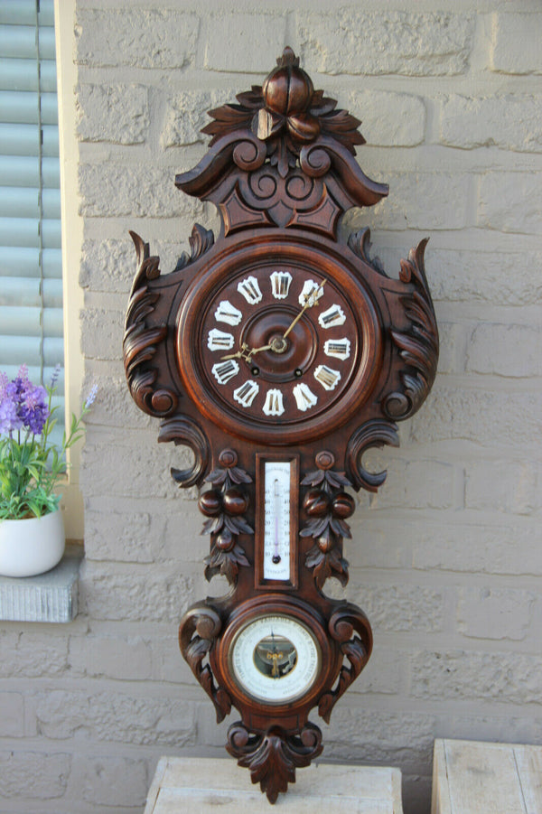 Antique XL black forest wood carved wall clock barometer