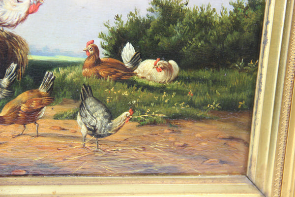 German school 1900s Oil panel painting chickens rooster poultry scene