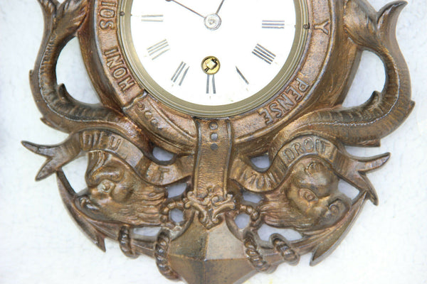 Vintage French spelter bronze anchor dolphin fish knight wall clock rare