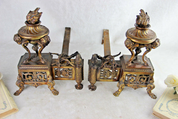 PAIR Huge  Bronze antique Fireplace andirons putti heads lion ram paws rare