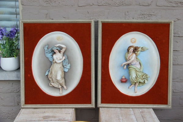 PAIR italian capodimonte relief porcelain wall plaques lady medaillon rare 1970