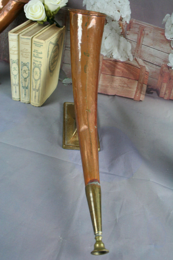 Set of 2 Dutch Antique Copper Huntings horns mounted on base 19th c
