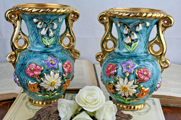 PAIR Flemish art nouveau pottery Ceramic vases marked 1900 Multi coloured