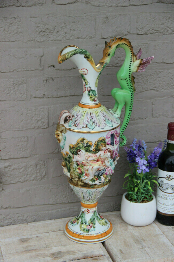 XL capodimonte italian marked porcelain Ewer pitcher dragon handle putti