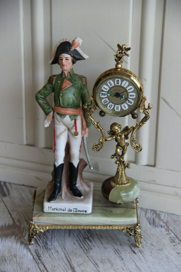 Vintage Napoleon officer soldier porcelain figurine clock putti caryatids onyx