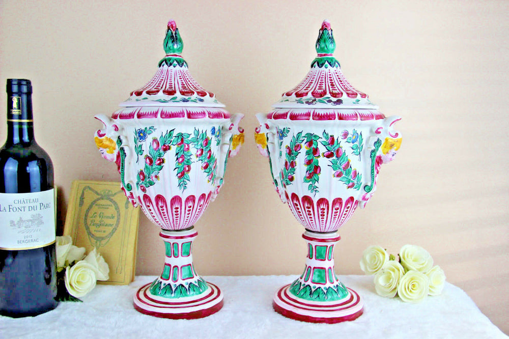 RARE PAIR faience de l'est Strasbourg Normandie Vases putti heads floral 1920