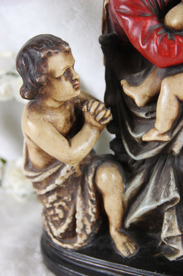 Antique French Religious chalkware polychrome statue madonna jesus john baptist