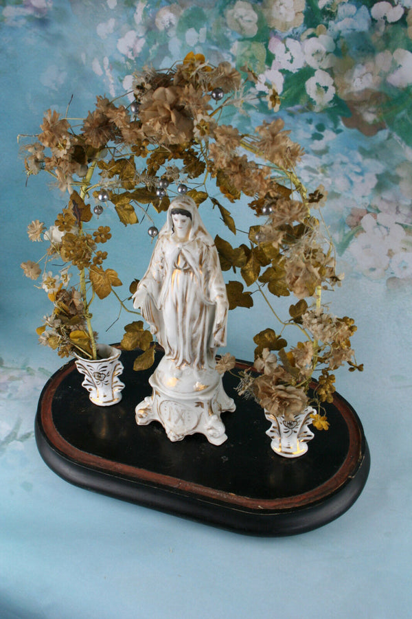 French VIEUX OLD PARIS MAdonna figurine victorian manner artsilk flowers vases