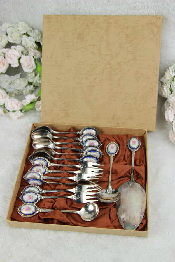 Vintage Cake pie tableware with sevres porcelain plaques spoons fork boxed